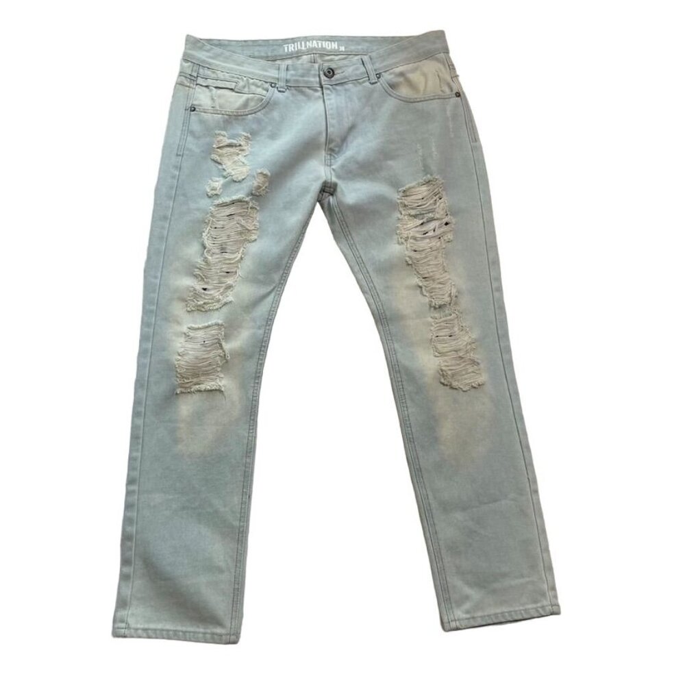 Mens Factory Distressed Ripped Denim Blue Jeans u Light Wash 38 High Rise